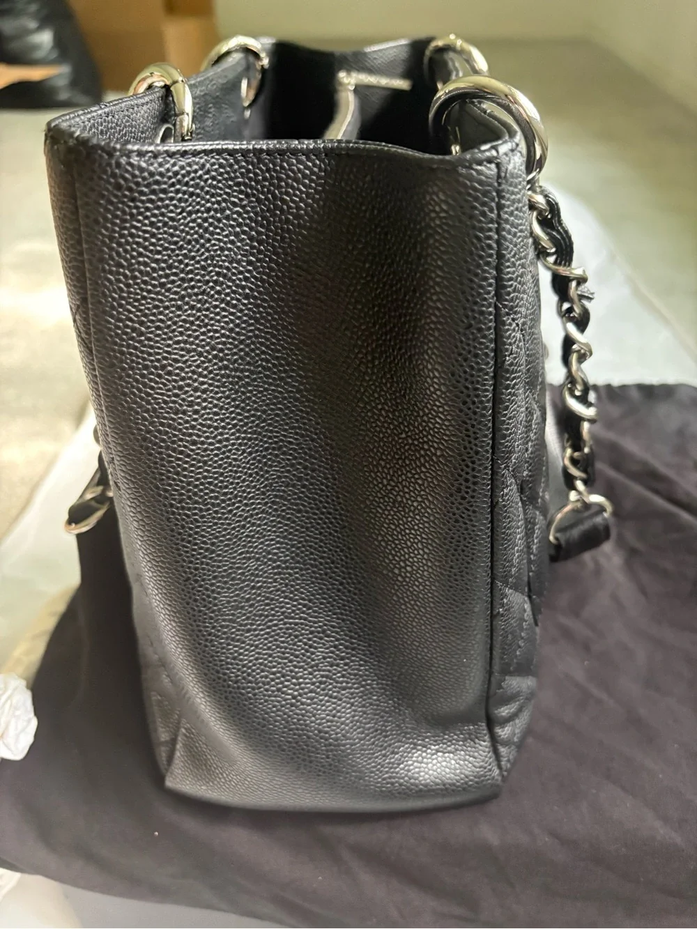CHANEL Black Quilted Caviar Leather Tote with Silver Chain Handles
